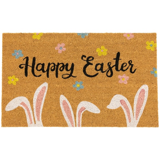 Northlight; 18" x 30" Natural Coir Happy Easter Bunny Ears Doormat ; Category:Outdoor Easter Decorations; Image:1